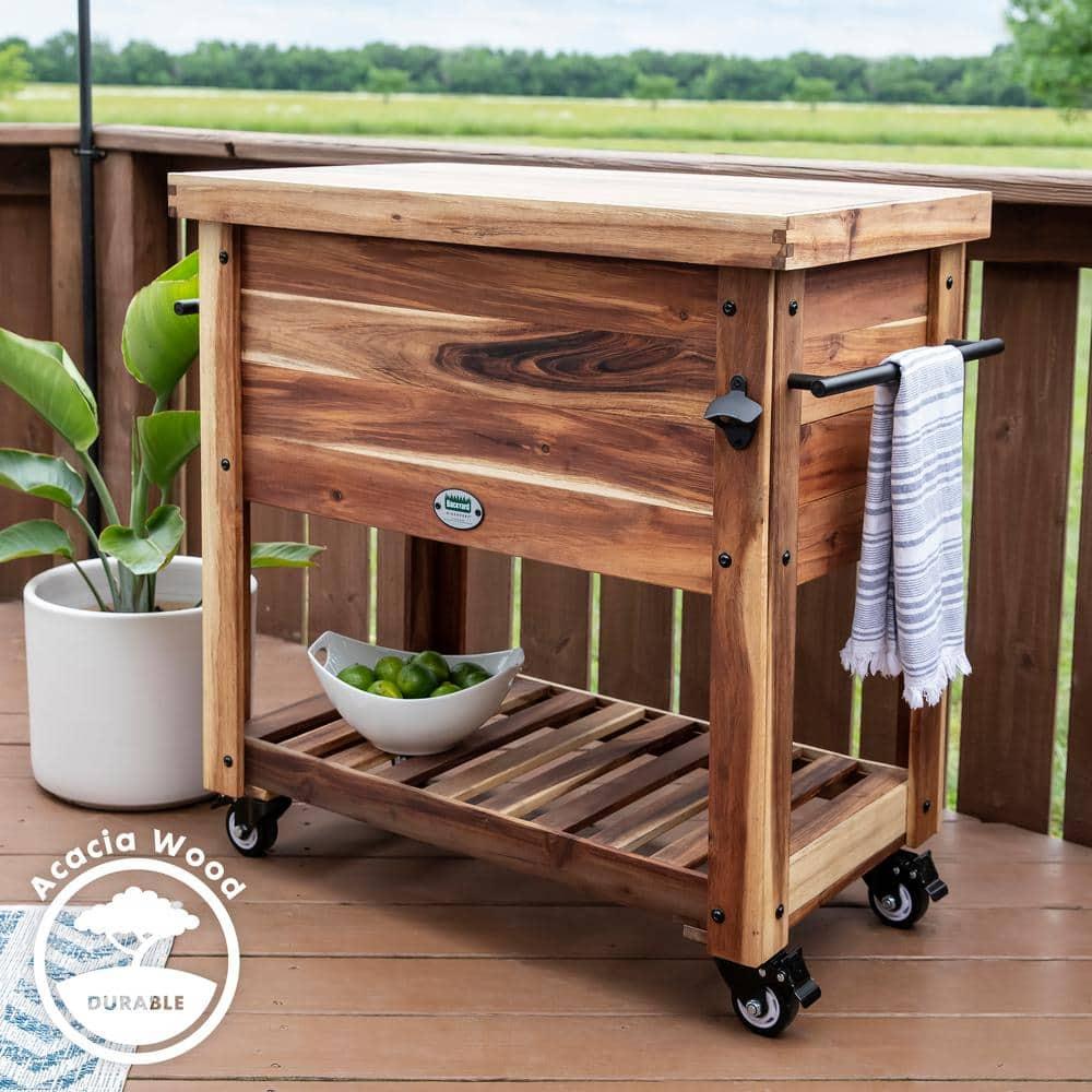 Backyard Discovery 100-Qt Acacia Wood Bar Cart Beverage Cooler, Wheels, Bottle Opener