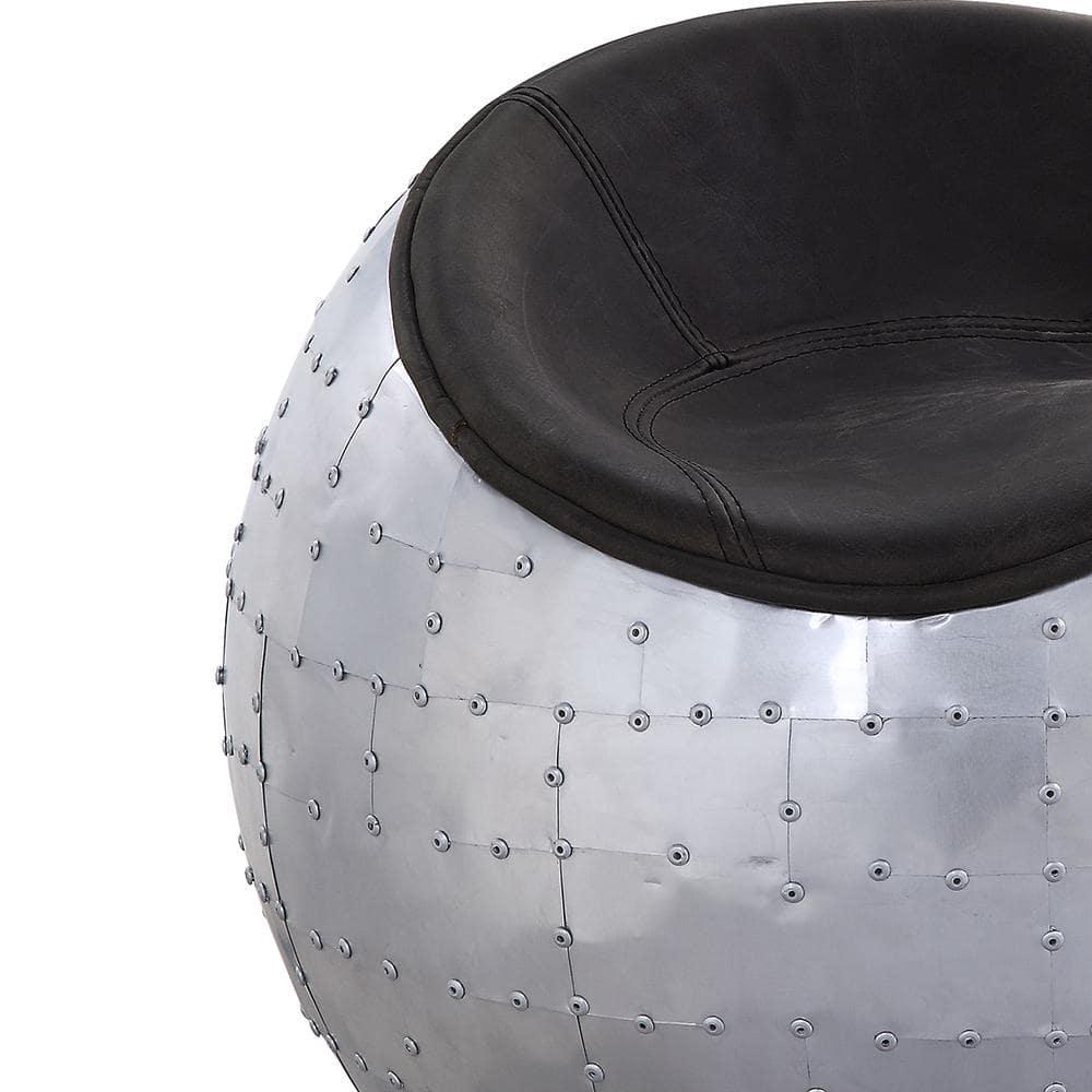 ACME Brancaster Leather Upholstered Ottoman in Antique Ebony and Aluminum