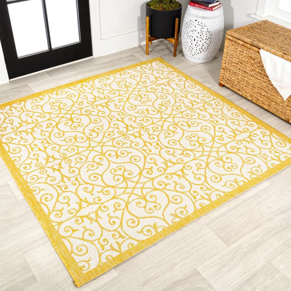 5' x 5' Madrid Vintage Filigree Textured Weave Indoor/Outdoor Area Rug, Cream/Yellow - JONATHAN Y