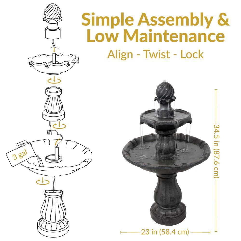Sunnydaze Outdoor 2-Tier Solar Powered Water Fountain with Battery Backup and Submersible Pump - 35" - Black Earth Finish