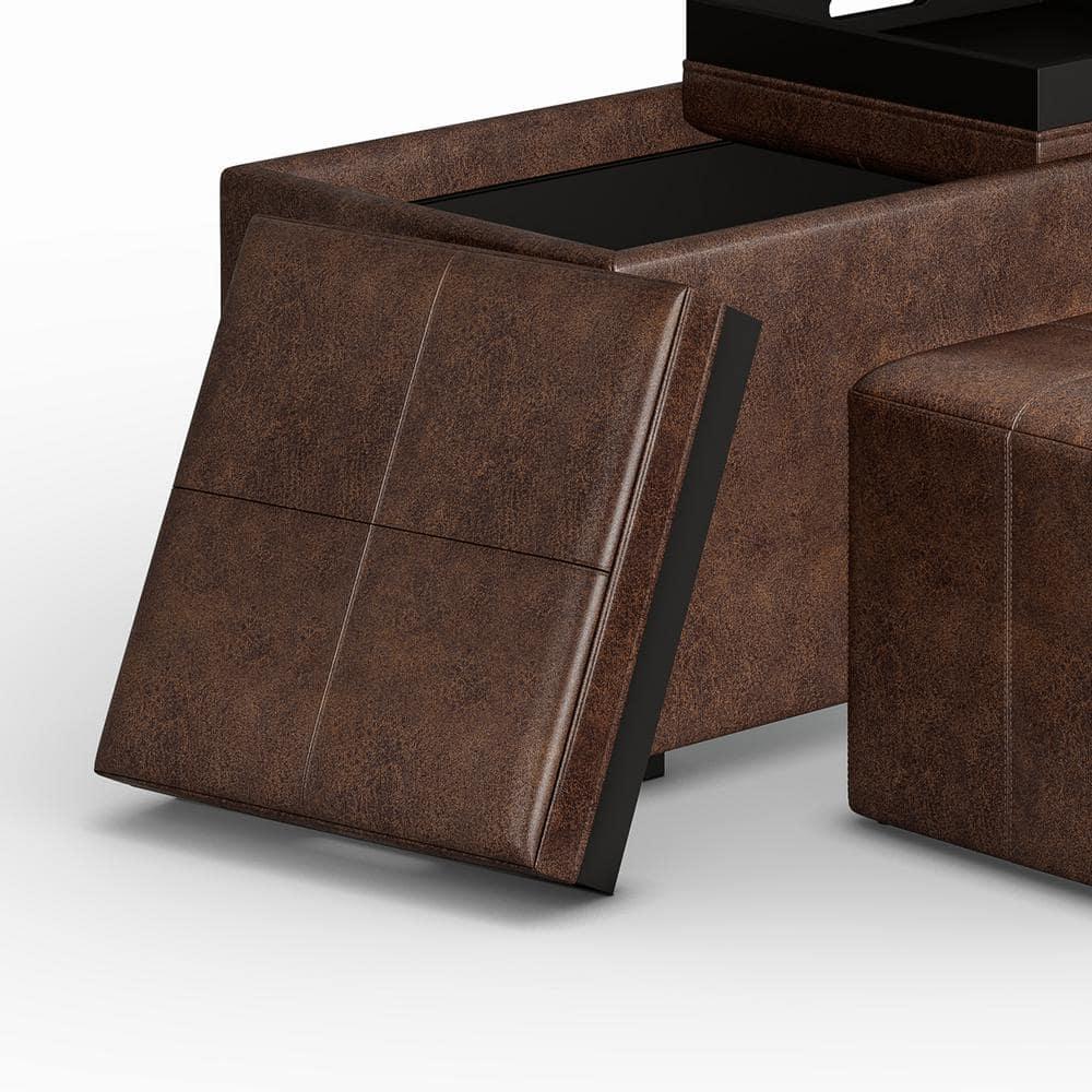 Simpli Home Avalon 35"W Upholstered Storage Ottoman Set with 5 Pieces and Flip-Over Serving Tray Lids