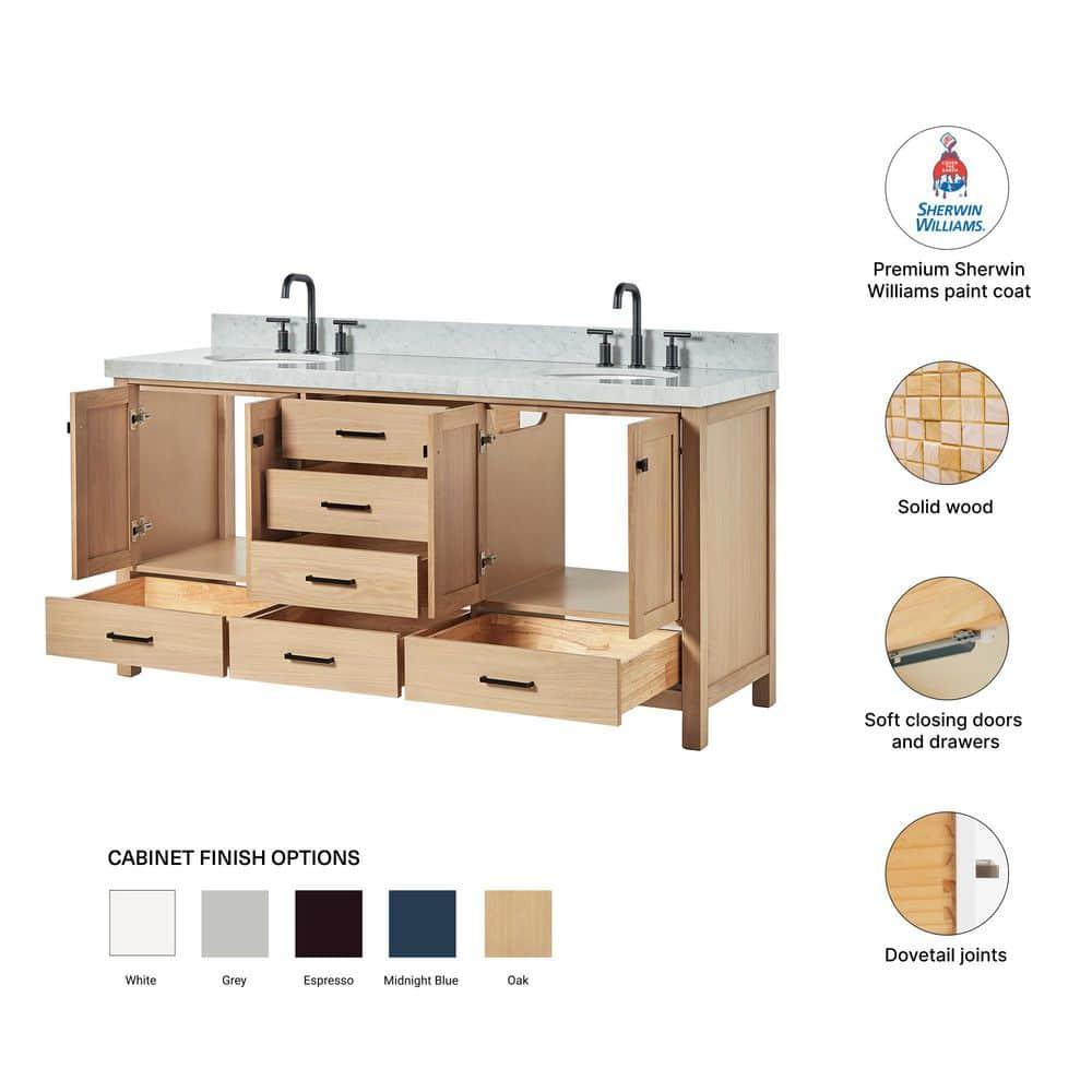 Cambridge 72'' Double Bathroom Vanity with Carrara Marble Top
