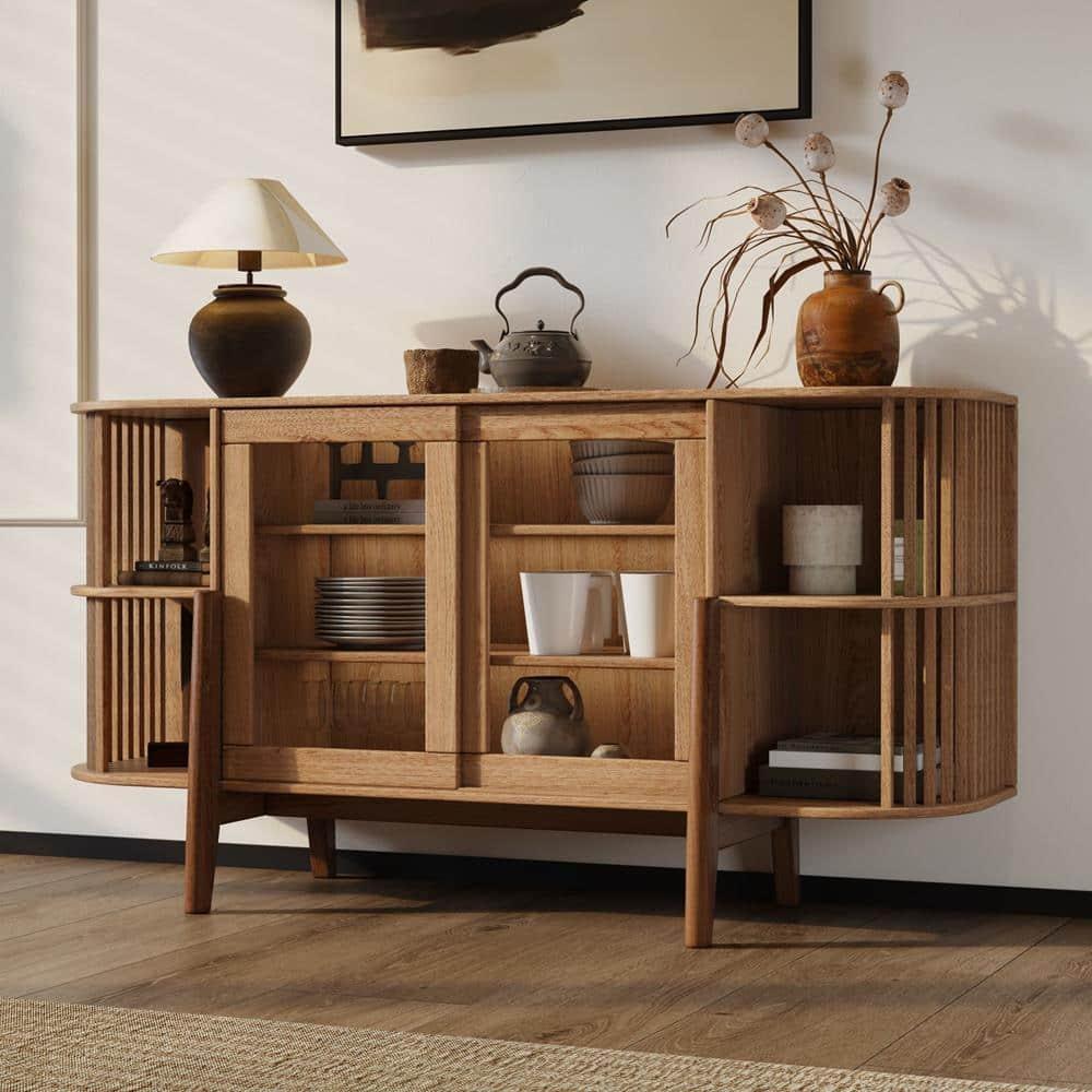 LuxenHome 2-Door and Open Storage 59-Inch Wide Sideboard Server Cabinet with Rubberwood Legs