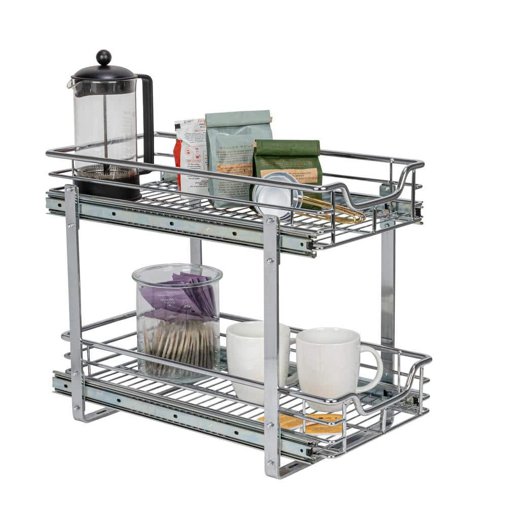 Household Essentials Glidez Multipurpose Chrome-Plated Steel Pull-Out/Slide-Out Storage Organizer for Under Cabinet Use - 2-Tier Design - Fits Standard Size Cabinet or Shelf, Chrome