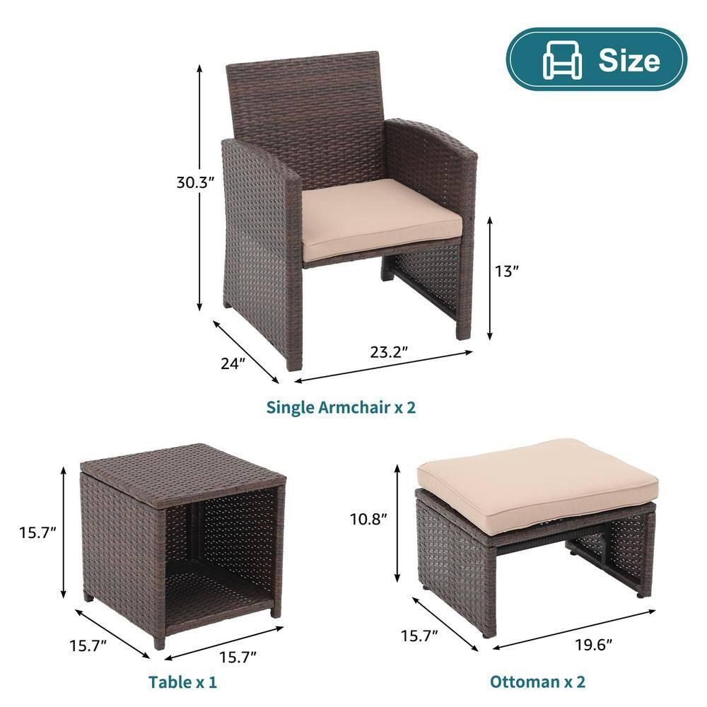5-Piece Patio Conversation Set Balcony Furniture Set with Beige Cushions, Brown Wicker Chair with Ottoman, Storage Table for Backyard, Garden, Porch