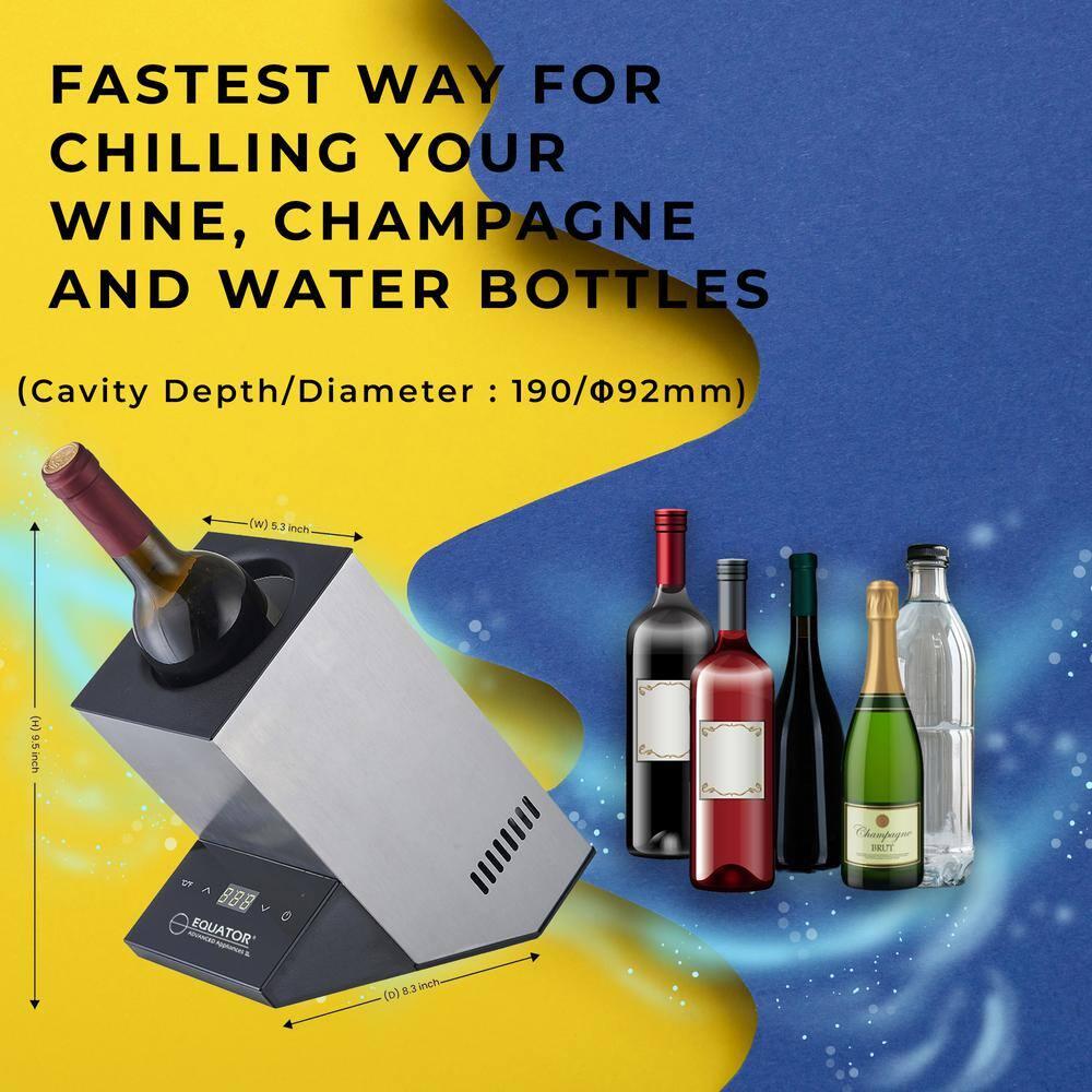 Equator Advanced Appliances Equator 110V/12V Portable Electric Wine Chiller for Red, White, Champagne, and Water Bottles, 750mL Single Bottle Cooler, Stainless Body, Rechargeable, 24h Cold, Ideal for Parties & Gifts