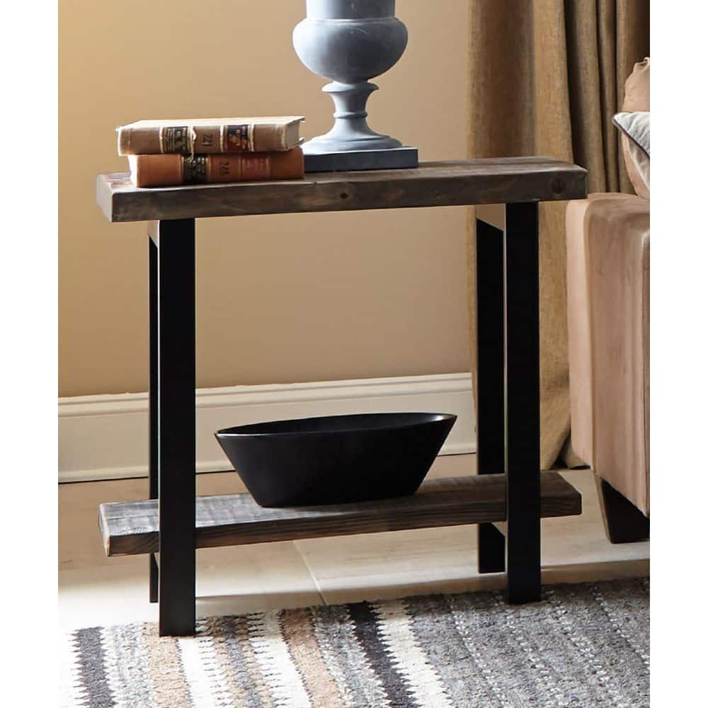 Pomona Solid Wood and Metal End Table with Shelf - Alaterre Furniture: Rustic Design, Fixed Shelf, Rectangle Shape