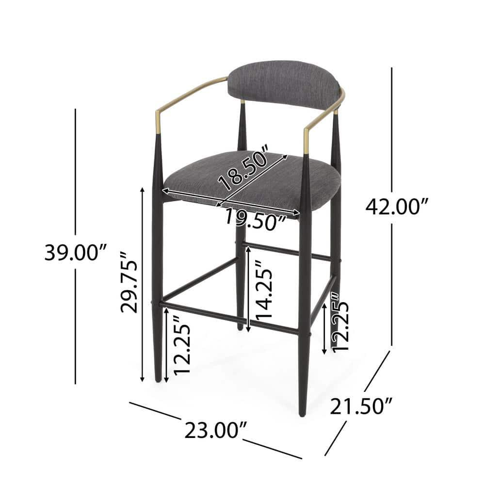 Noble House Boise Indoor Fabric and Metal 30 inch Barstools, Set of 2, Charcoal, Black, and Gold.