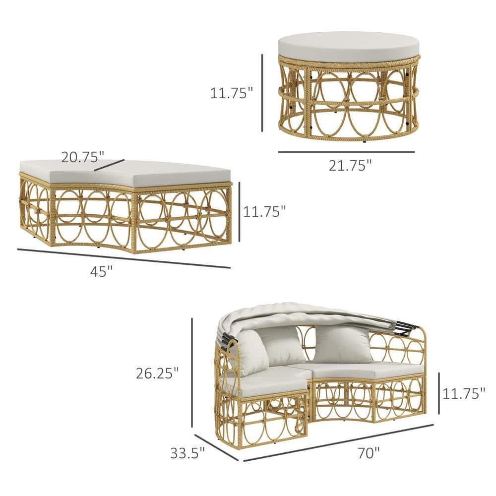 Outsunny 4 Piece Round Outdoor Daybed with Canopy, Cushioned PE Rattan Patio Furniture Set, Cream White
