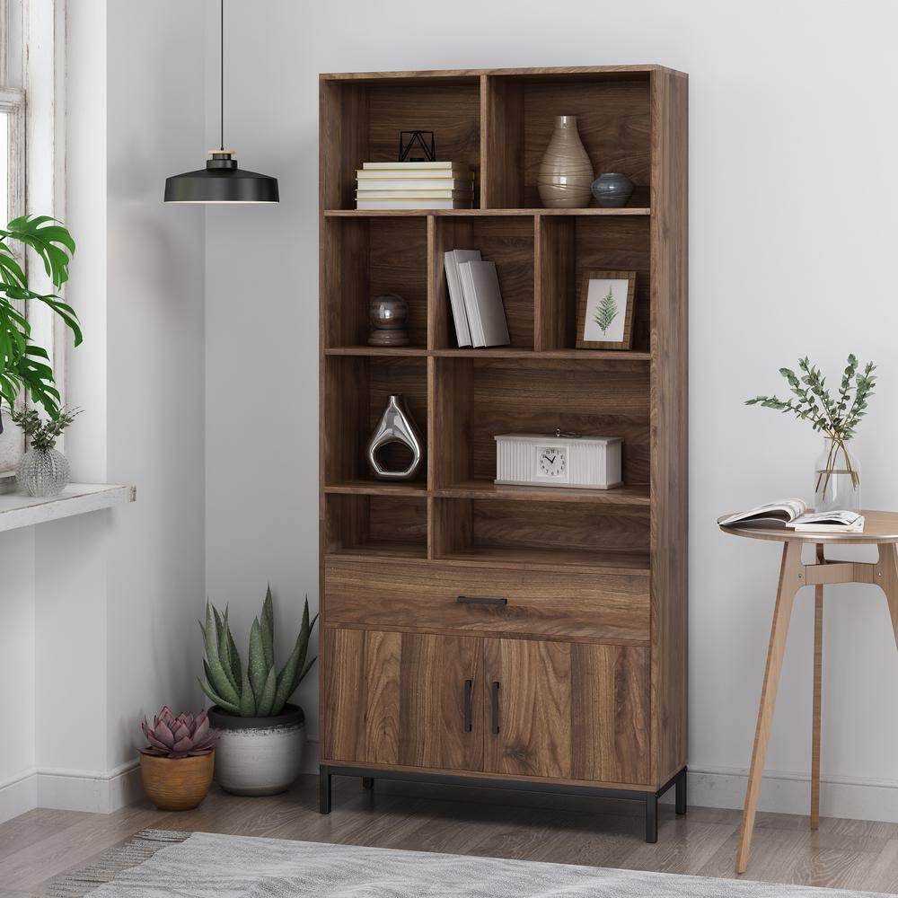 Noble House Davina Contemporary Faux Wood Cube Unit Bookcase, Walnut, Black