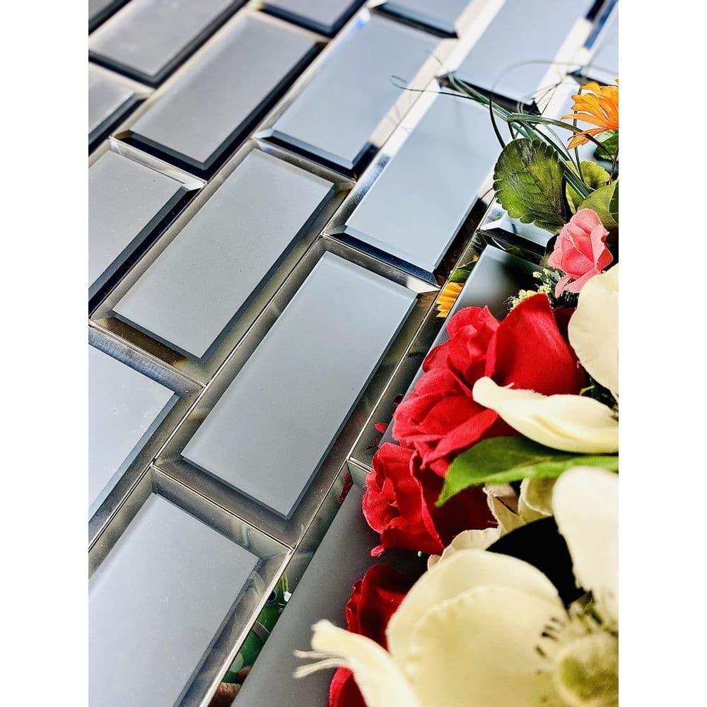 Abolos Frosted Reflections 3 in. x 6 in. Matte Glass Mirror Beveled Subway Decorative Kitchen & Bathroom Wall Tile