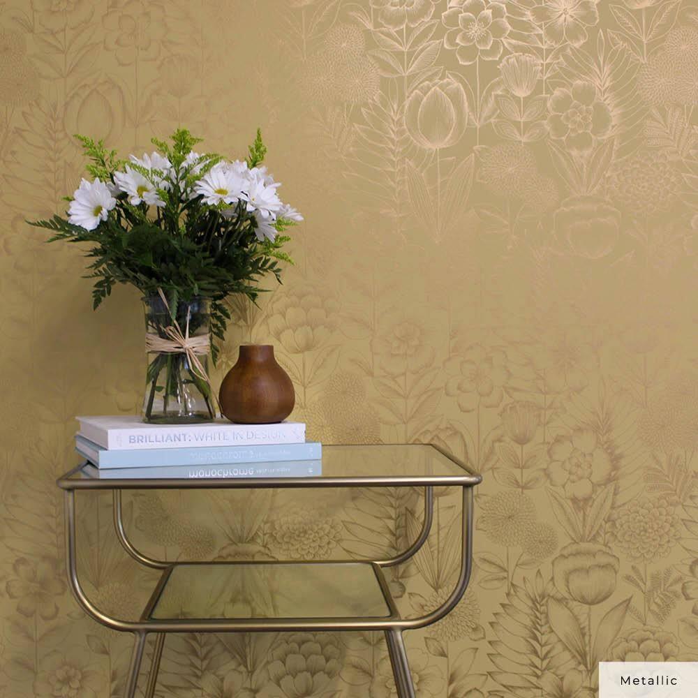 Tempaper & Co. Homestead Floral Removable Peel and Stick Wallpaper, Metallic Marigold, 28 sq. ft.: Vinyl, Self-Adhesive, Washable