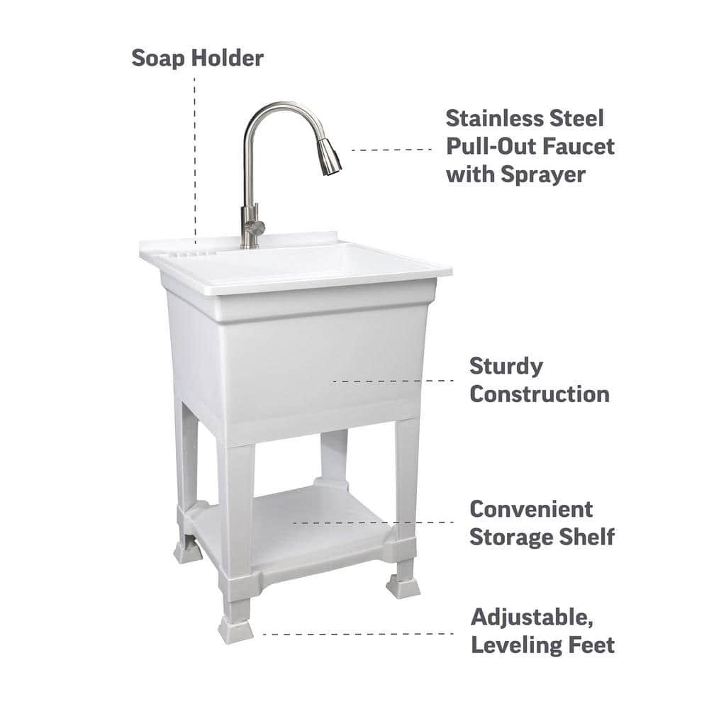 UTILITYSINKS Plastic 24" Freestanding Compact Utility Tub Sink for Workshop, Laundry Room, Garage, Greenhouse & Pet Wash Station, White