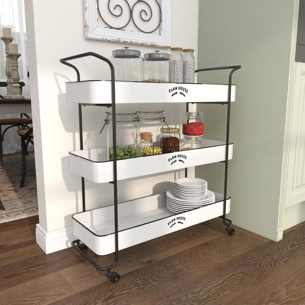 DecMode 32" x 35" White Metal Kitchen Rolling 3 Shelves Bar Cart with Black Accents and Farm House Design, 1-Piece