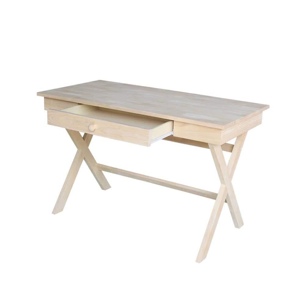 Cross Leg Desk Unfinished - International Concepts: Rubberwood Writing Desk with Drawer, Hardwood Frame