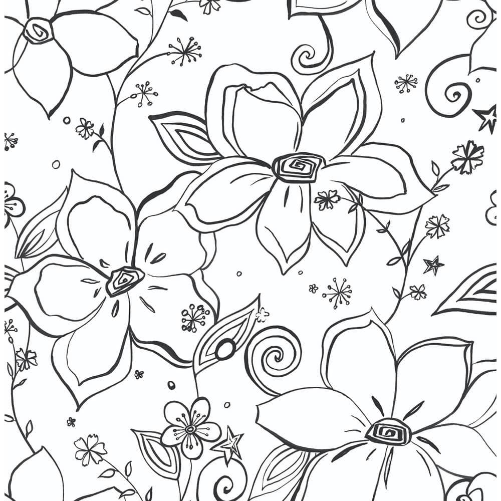 NextWall Black & White Linework Floral Peel and Stick Wallpaper