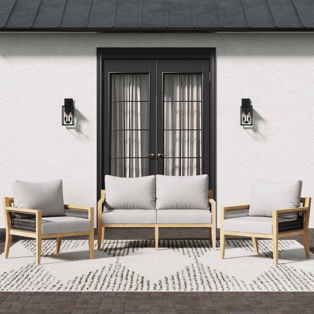 Nathan James 3pc Freya Bohemian Wood Outdoor Patio Conversation Set: Acacia Frame, UV-Resistant