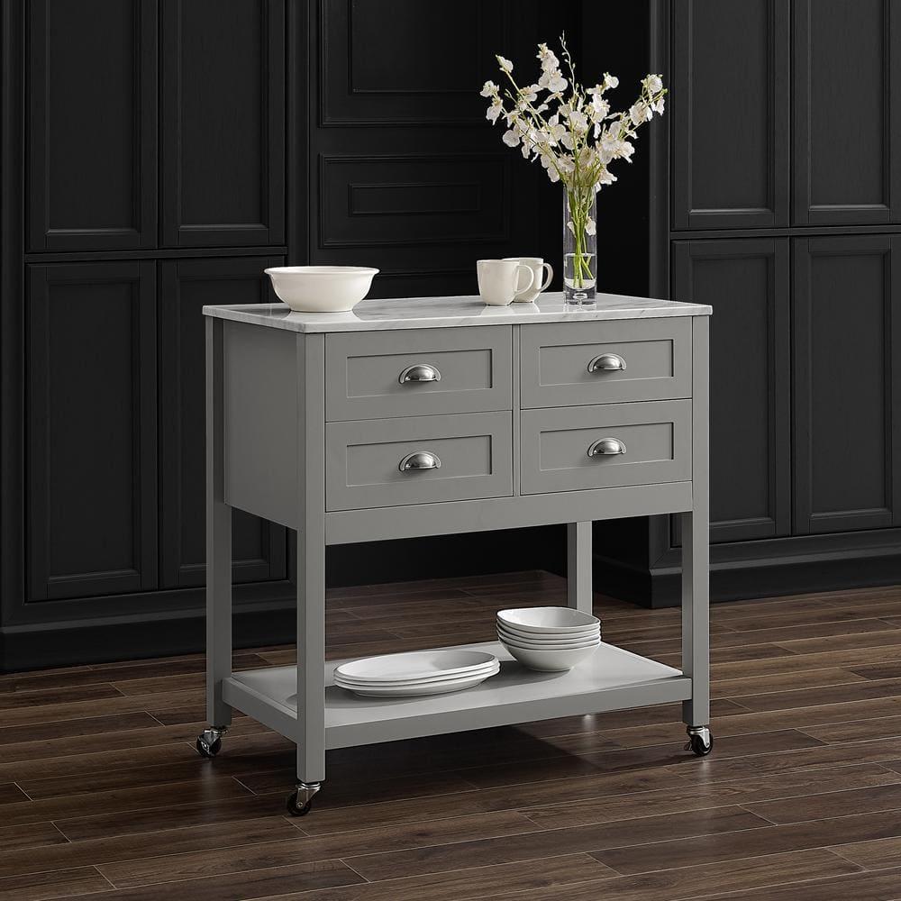 Connell Kitchen Island Cart Gray/White Marble - Crosley: Mobile Storage, 4 Drawers, Open Shelf, Locking Wheels
