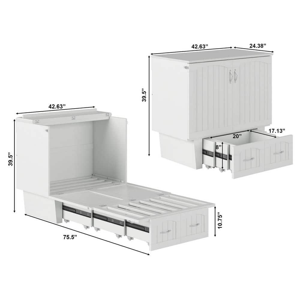 Nantucket Murphy Bed Chest Twin in White with Charging Station & Coolsoft Mattress