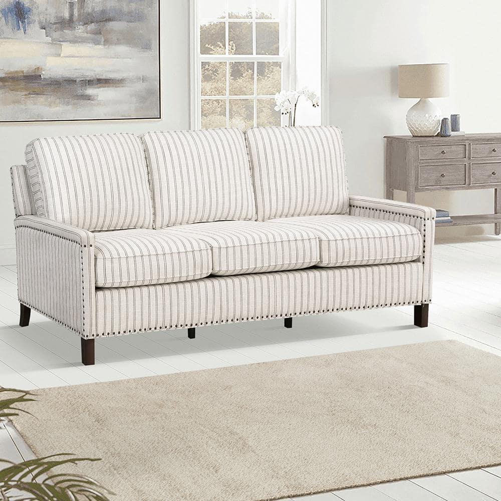 Genevieve 78" Beige and Gray Fabric Sofa with Nailhead Trim