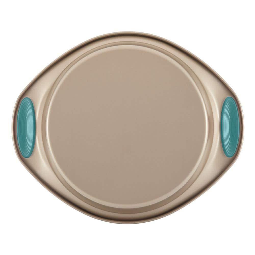 Rachael Ray 47578 Cucina Nonstick Bakeware Set with Grips Includes Nonstick Bread Pan, Baking Sheet, Cookie Sheet, Baking Pans, Cake Pan and Muffin Pan - 10 Piece, Latte Brown with Agave Blue Grips