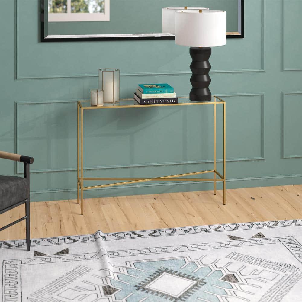 Evelyn&Zoe Henley 42" Wide Rectangular Console Table with Glass Top, Brass