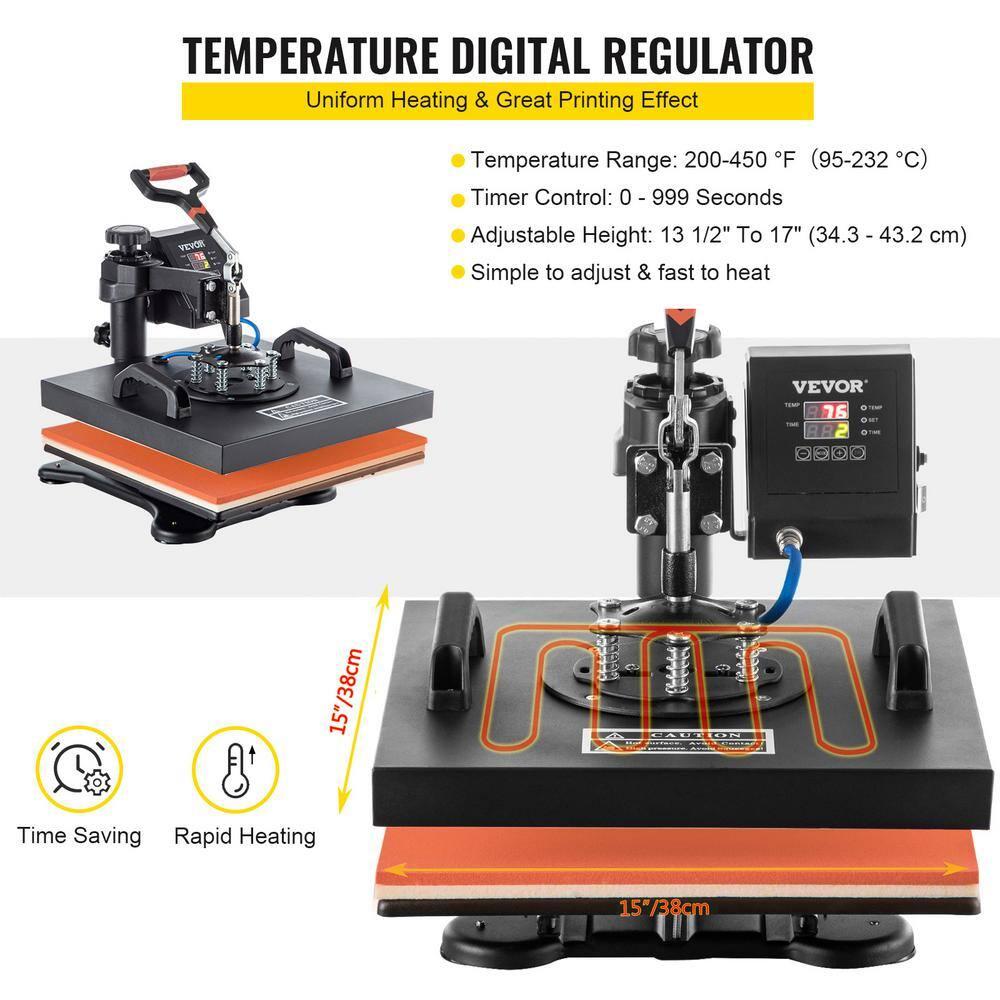 VEVOR Heat Press Machine - 6 in 1 Combo Heat Press Sublimation Machine for DIY T-Shirts/Hats/Mugs/Heat Transfer Projects, 15x15 Multifunction Swing Away Heat Press with 360° Rotation