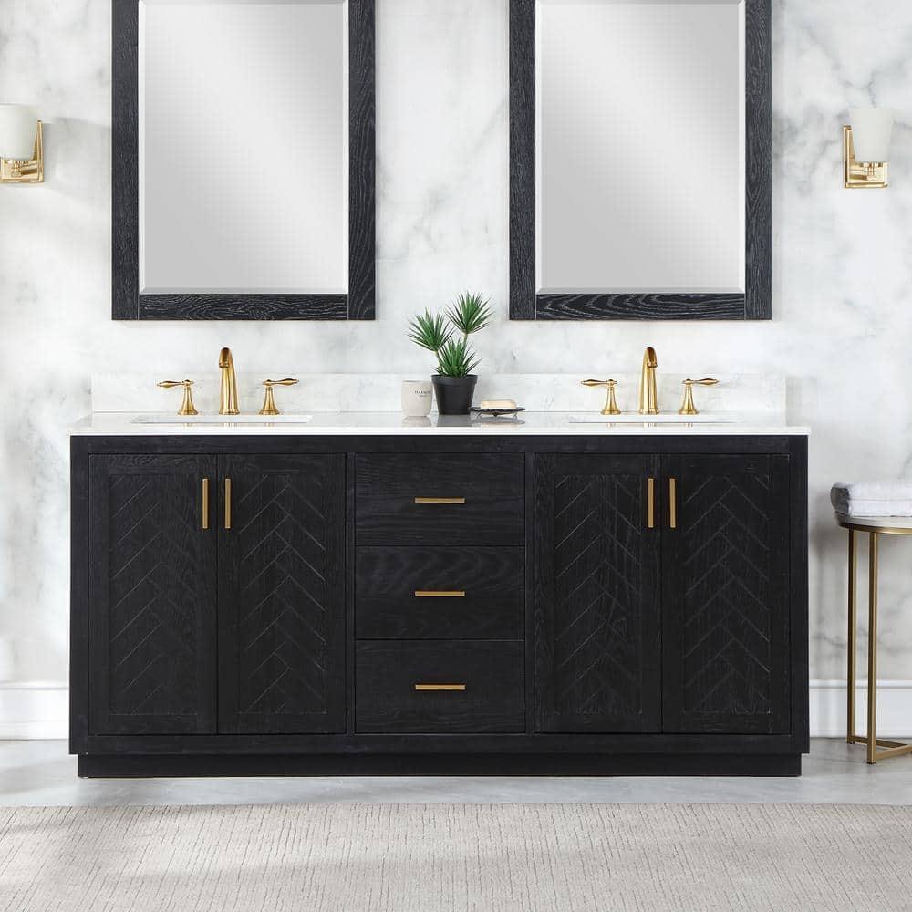Gazsi 72" Double Bathroom Vanity Set in Black Oak with Grain White Composite Stone Countertop Without Mirror