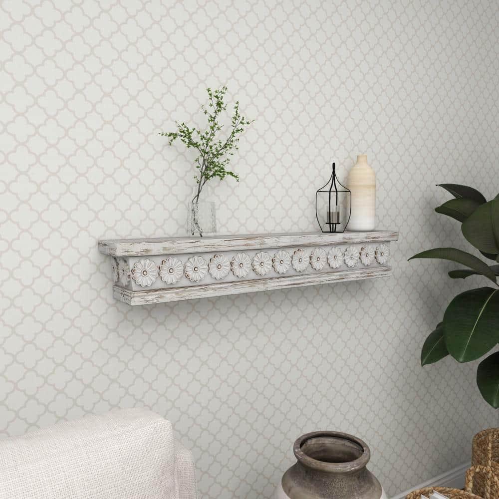 DecMode 36" x 5" Intricate Carved 1-Tier White Floral Wall Shelf