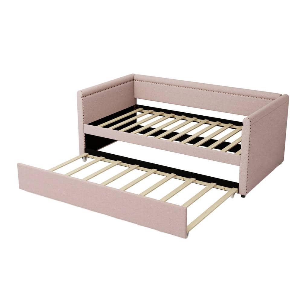 Pink Modern Style Twin Size Linen Upholstered Daybed with Trundle, Curved Arms, Nailhead Trims