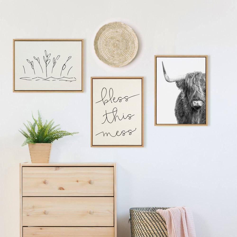 Black and White Highland Cow Canvas Print with Natural Wood Frame