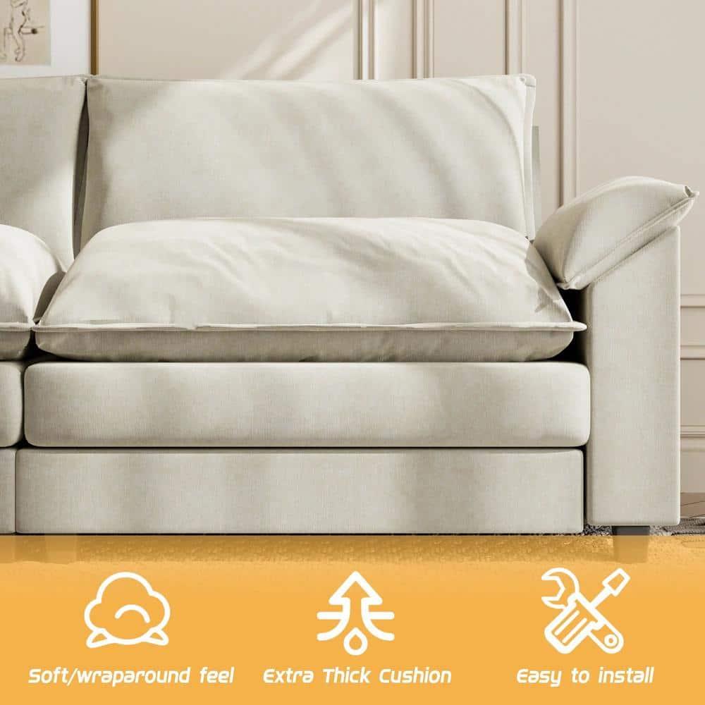 LACOO 118 in. Chenille L-Shaped Modular Sectional Sofa with Ottoman - Off White