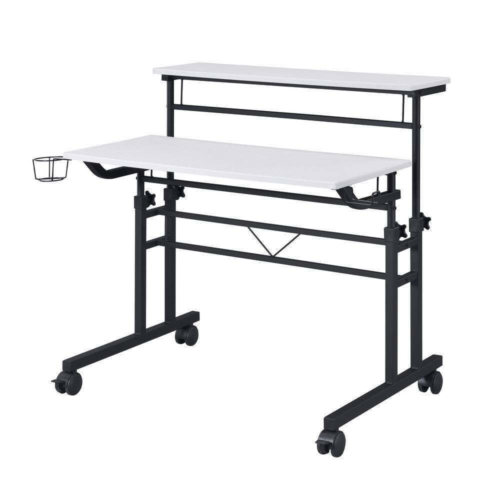 Rolling Writing Desk with Height Adjustable Desktop and Moveable Shelf White - Techni Mobili: Locking Casters, Open Storage