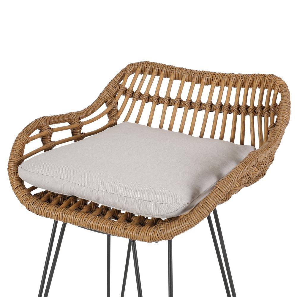 Baylor Outdoor Wicker Barstools with Cushions, Set of 2, Light Brown and Beige
