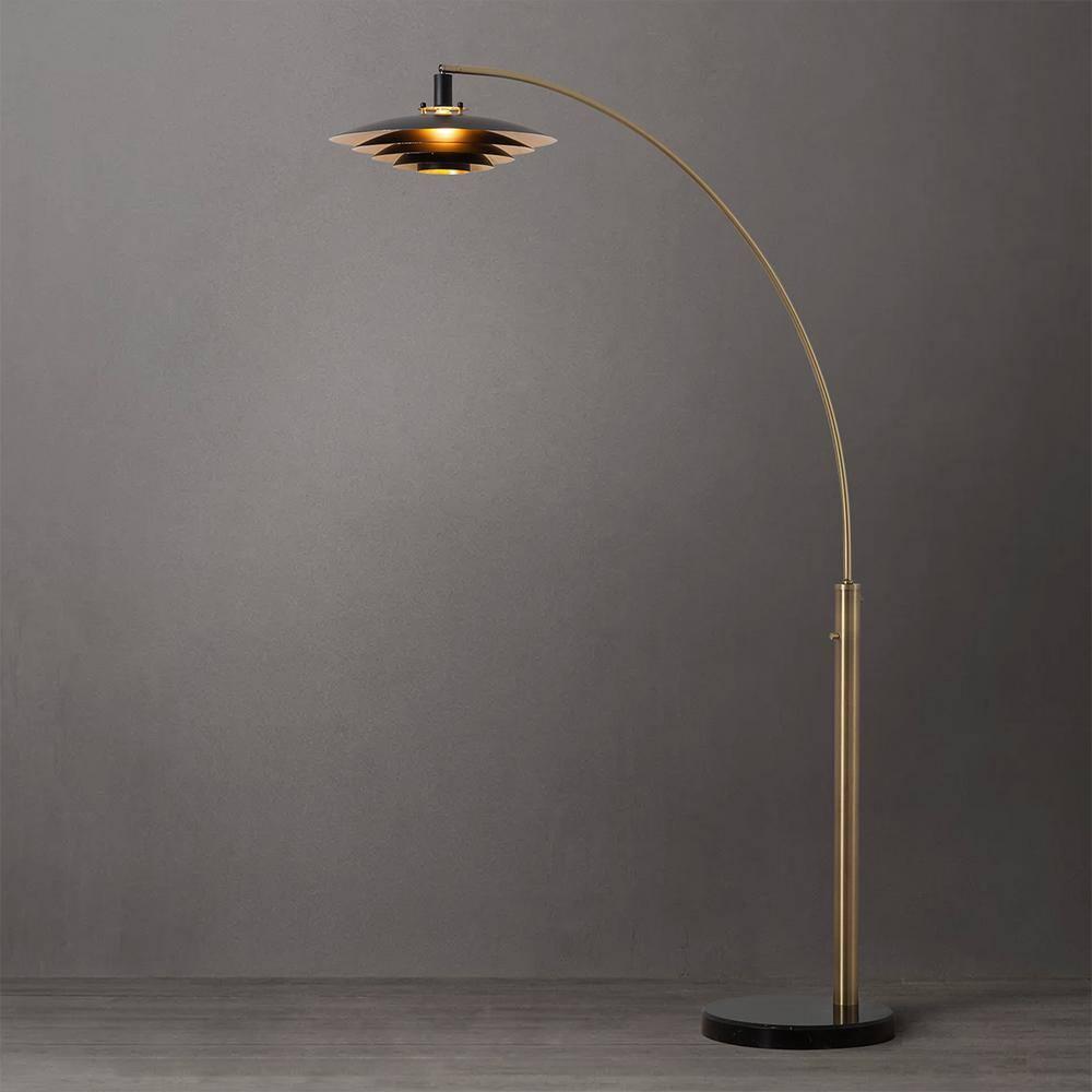 Rancho Mirage 1 Light Arc Floor Lamp - 86", Weathered Brass finish, Matte Black & Gold Leaf Shade, M