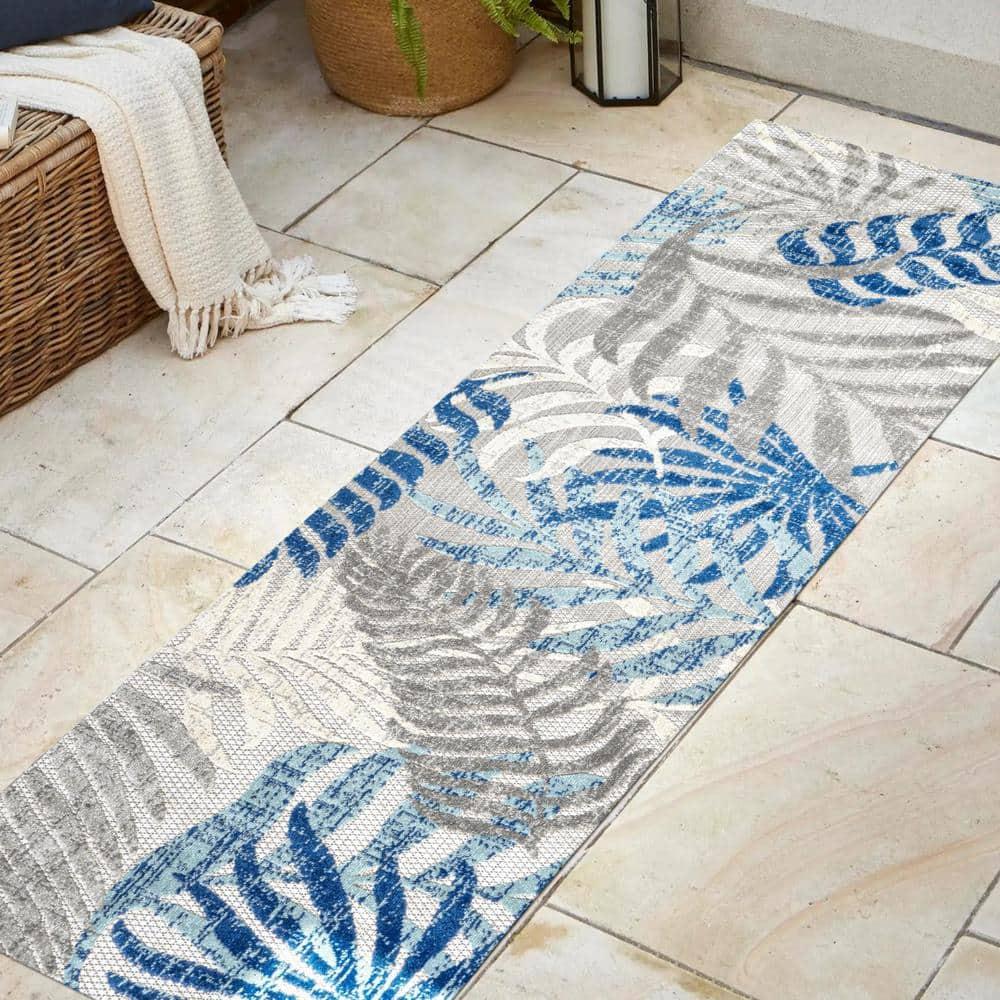 JONATHAN Y Tropics Palm Leaves Indoor/Outdoor Gray/Blue 2 ft. x 8 ft. Runner Rug
