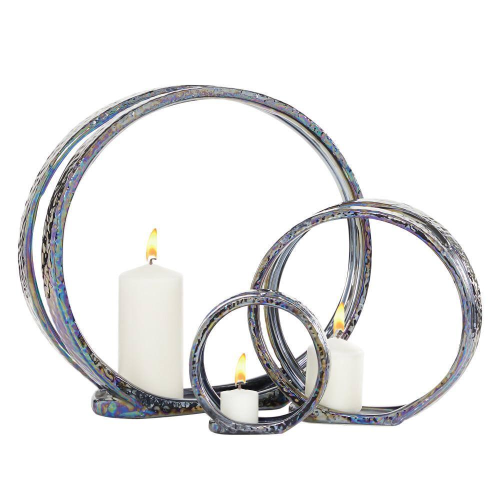 Set of 3 Glam Kaleidoscopic Candle Holders Silver - Olivia & May: Elegant Centerpiece, Metallic Finish