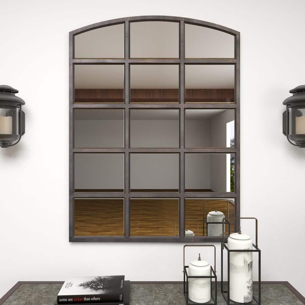 DecMode Geometric Window Pane Arch Wall Mirror, 36" W x 48"H, Dark Brown Finish