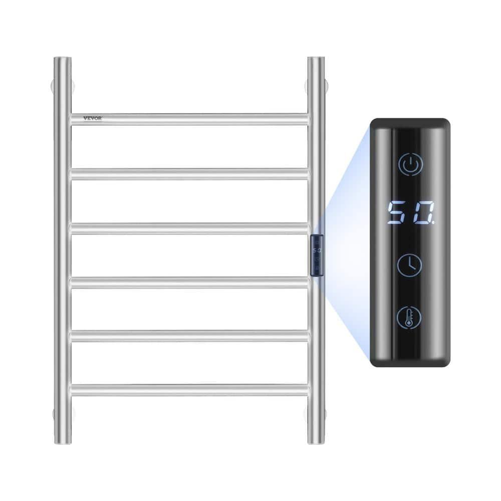 VEVOR 6 Bars Towel Warmer Rack, Wall Mounted Heated Towel Rack for Bathroom, IPX5 Waterpoof Towel Heater Rack with Timer & Display Screen, Silver