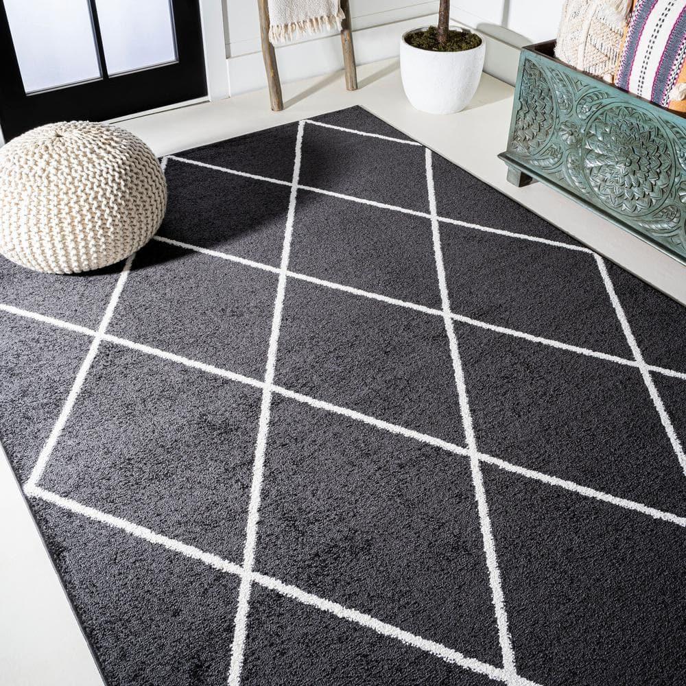 4'x6' Cole Minimalist Diamond Trellis Area Rug, Black/White - JONATHAN Y