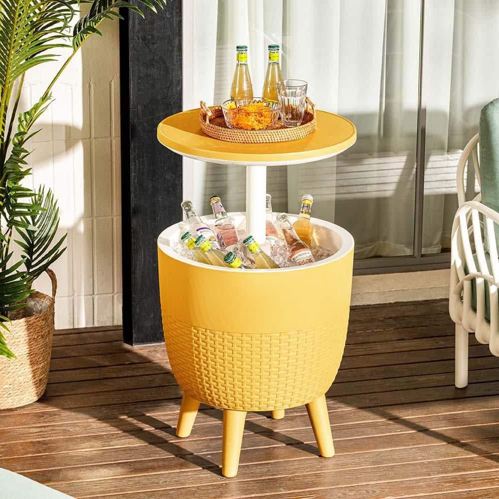 Lagoon Cancun 2-In-1 Outdoor Side Table Gold: Adjustable Height, Resin Cooler Patio Table, Water-Resistant