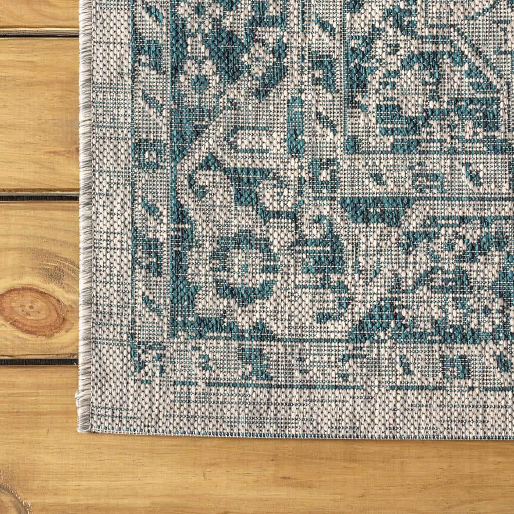 5' Square Rozetta Boho Medallion Textured Weave Indoor/Outdoor Area Rug, Gray/Teal - JONATHAN Y