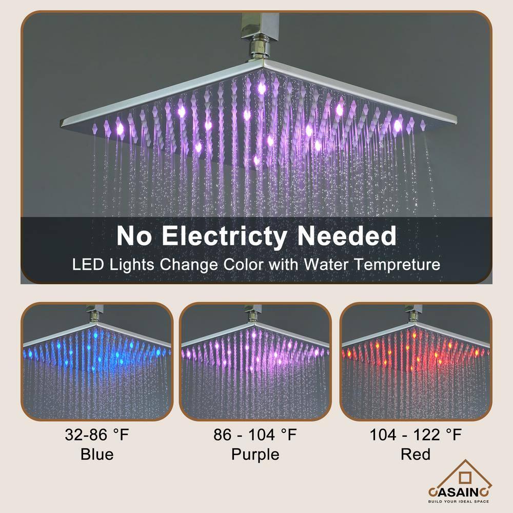 3-Function Luxury Ceiling Mount 12 Inch LED Thermostatic Shower System with 6 Body Jets