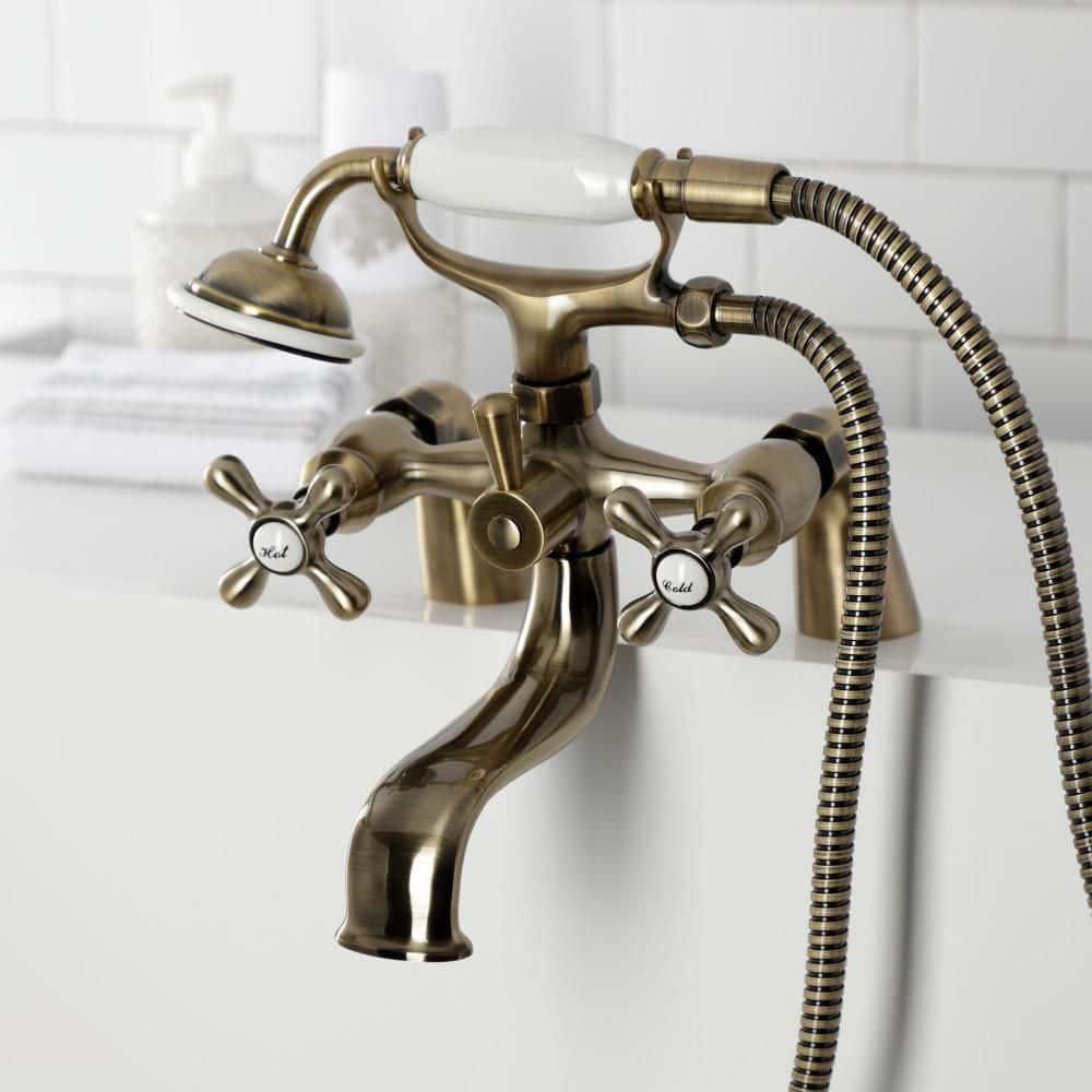 Kingston Brass Kingston Three-Handle 2-Hole Deck Mount Clawfoot Tub Faucet with Hand Shower