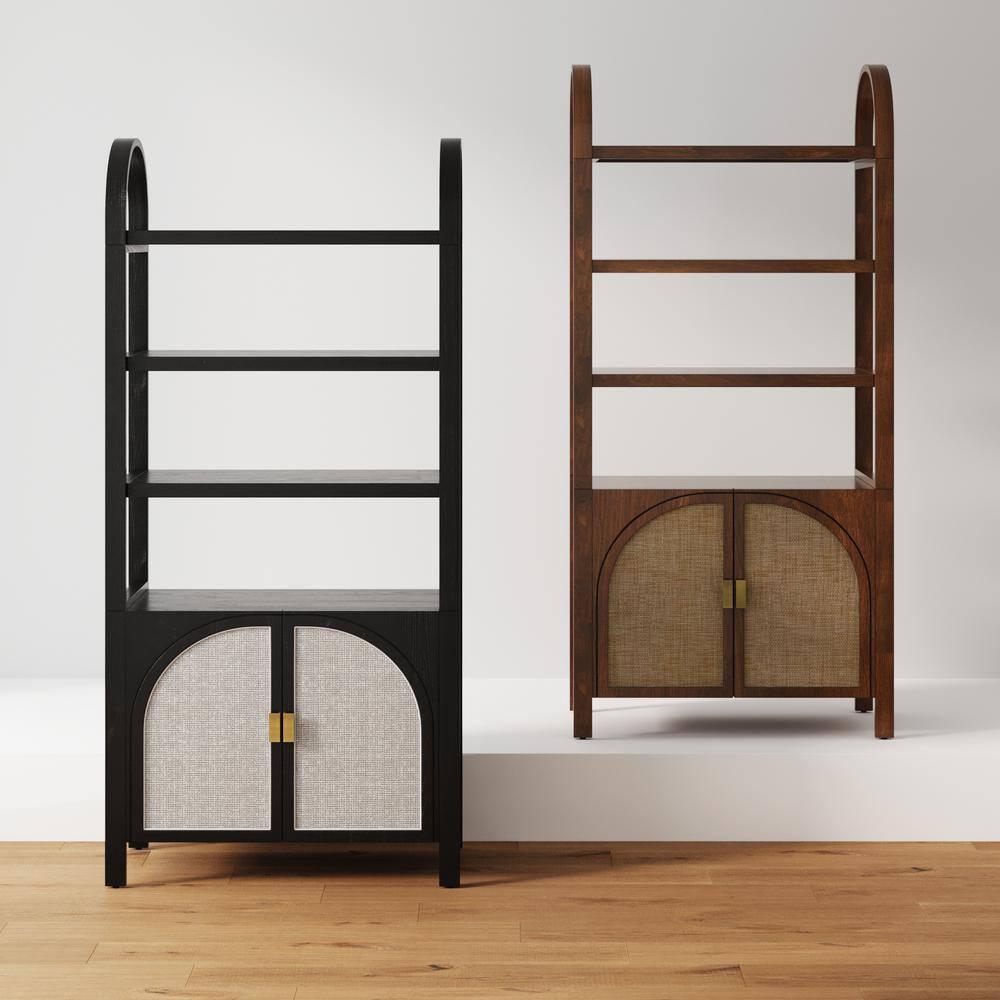 Boho 3-Shelf Bookshelf Cabinet With Rattan Doors