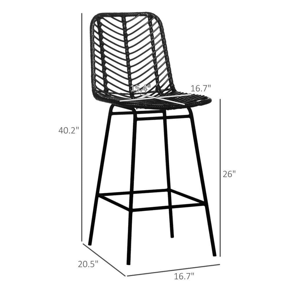 HOMCOM Modern Rattan Bar Stools Set of 2, Breathable Steel-Base Wicker Counter Height Barstools for Kitchen Counter, Black