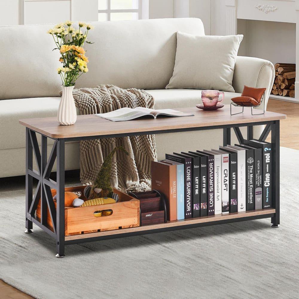 VEVOR 40" Farmhouse Coffee Table, Rectangle Coffee Table with Open Storage Compartment, Wooden Rustic Cocktail Table for Living Room, Bedroom, Apartment, Studio, Brown & Black