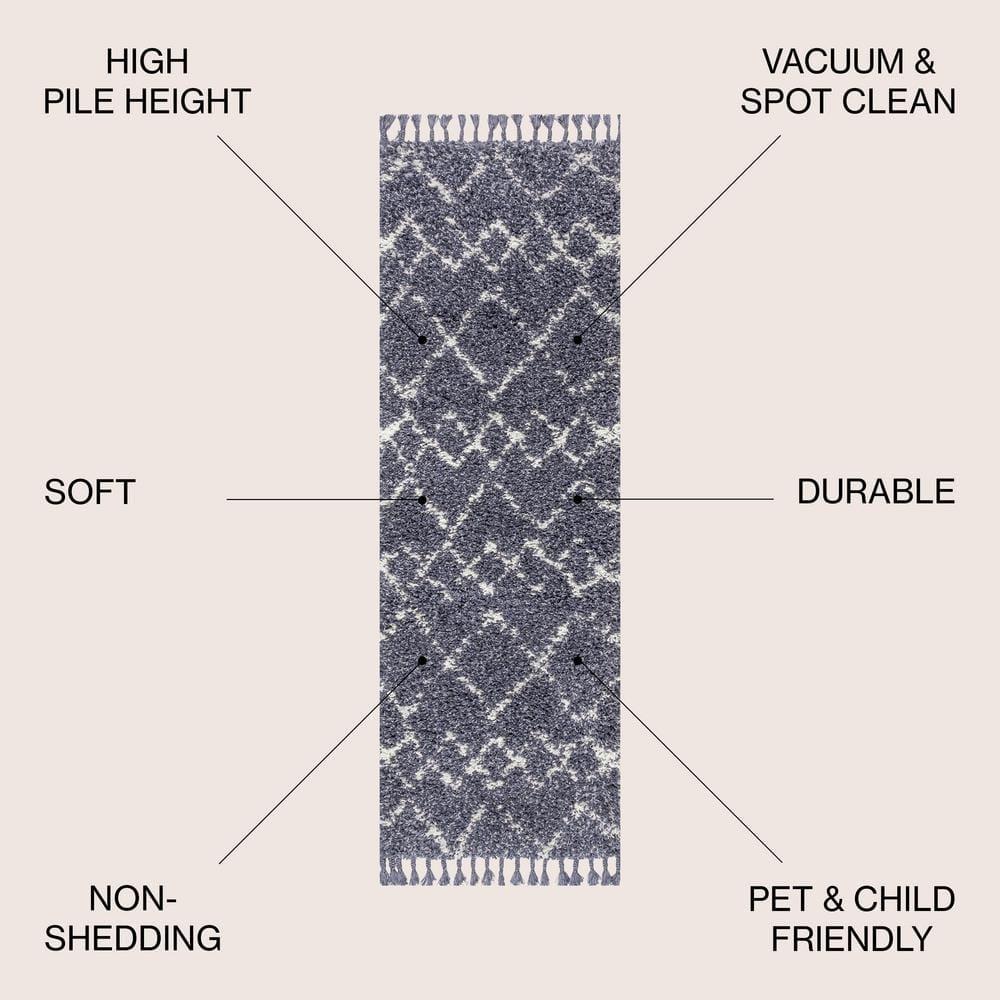 2'x8' Mercer Shag Plush Tassel Moroccan Geometric Trellis Area Rug, Denim/Cream - JONATHAN Y