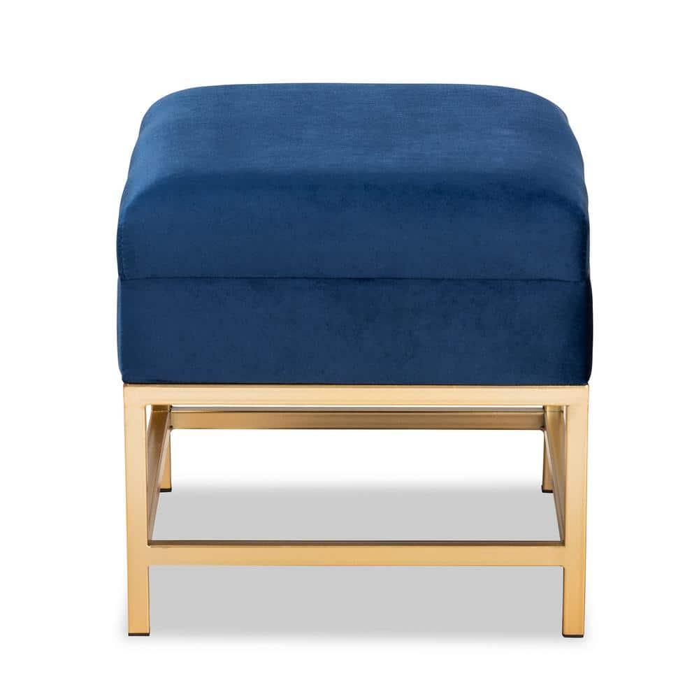Baxton Studio Aliana Fabric and Metal Ottoman Navy Blue/Gold  Velvet Upholstered Bench, No Assembly Required