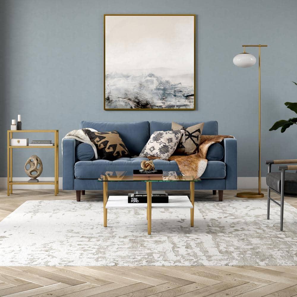 Evelyn&Zoe Otto 32" Wide Square Coffee Table with Faux Marble Shelf, Brass
